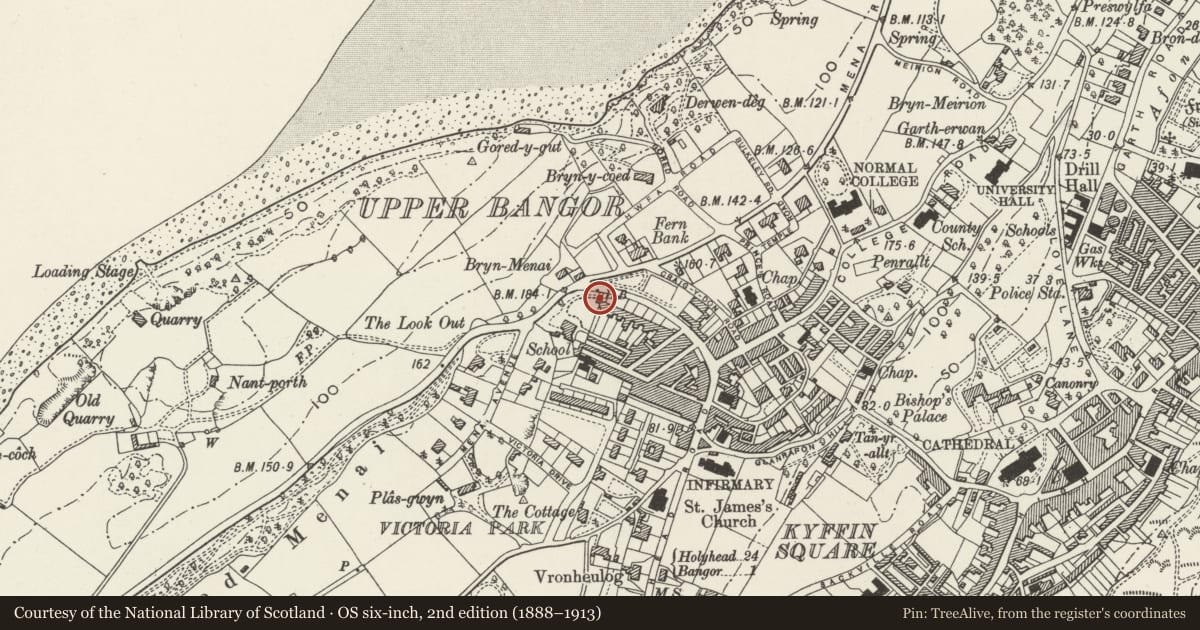 Ordnance Survey six-inch map, 2nd edition (1888–1913) covering the location of Lodge to Bryn-y-Mor, Bangor, Gwynedd, with a pin at the register's coordinates
