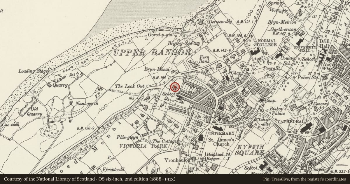 Ordnance Survey six-inch map, 2nd edition (1888–1913) covering the location of Bryn-y-Mor, Bangor, Gwynedd, with a pin at the register's coordinates