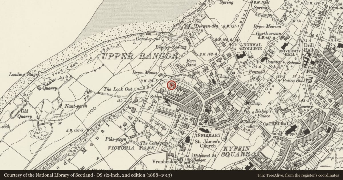 Ordnance Survey six-inch map, 2nd edition (1888–1913) covering the location of Menai View Terrace, Bangor, Gwynedd, with a pin at the register's coordinates