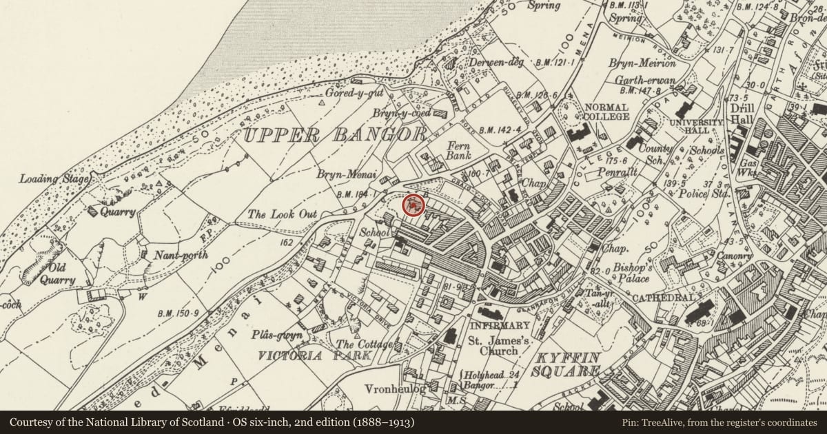 Ordnance Survey six-inch map, 2nd edition (1888–1913) covering the location of Menai View Terrace, Bangor, Gwynedd, with a pin at the register's coordinates