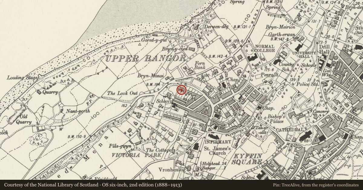 Ordnance Survey six-inch map, 2nd edition (1888–1913) covering the location of Menai View Terrace, Bangor, Gwynedd, with a pin at the register's coordinates