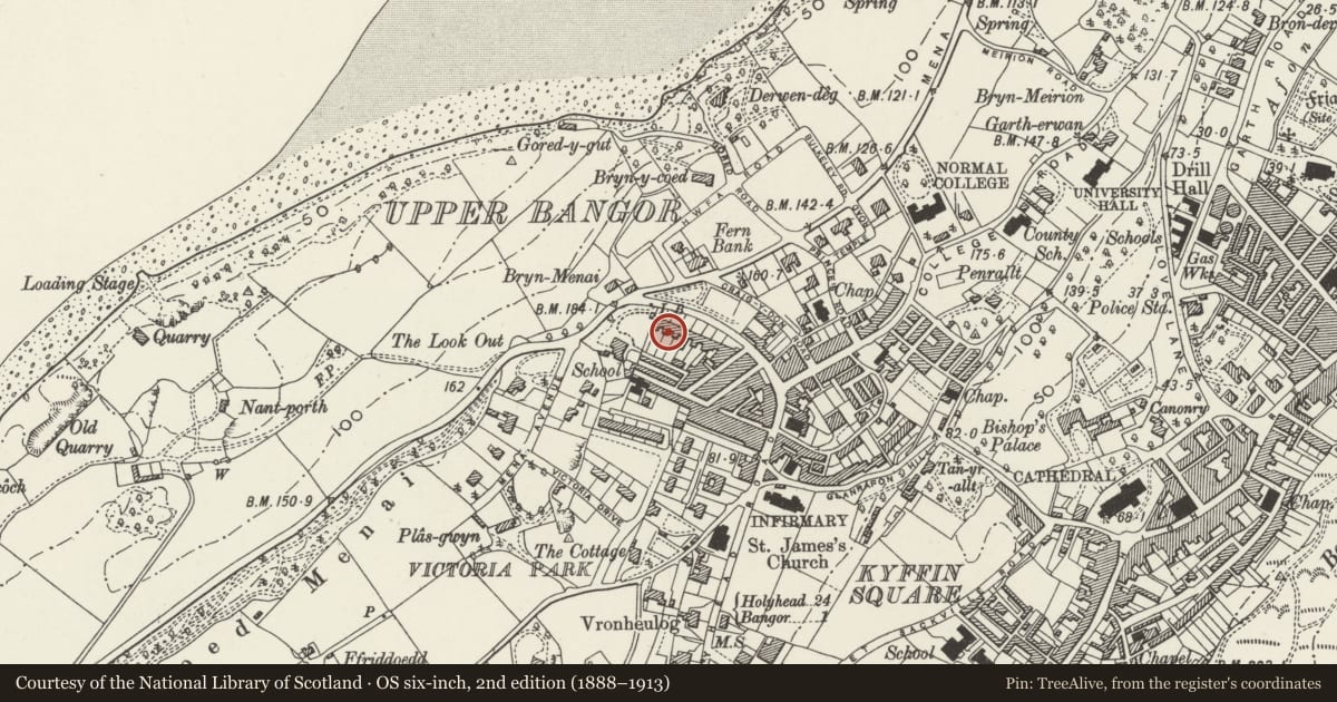 Ordnance Survey six-inch map, 2nd edition (1888–1913) covering the location of Menai View Terrace, Bangor, Gwynedd, with a pin at the register's coordinates