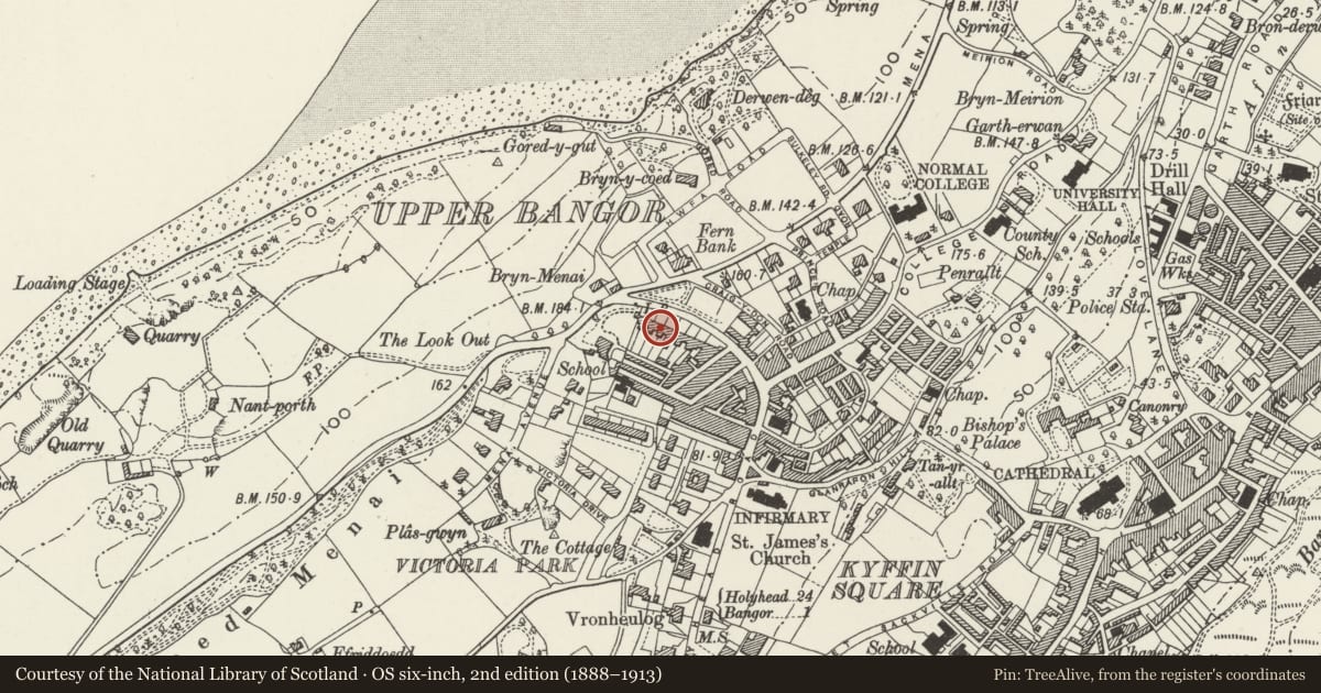 Ordnance Survey six-inch map, 2nd edition (1888–1913) covering the location of Menai View Terrace, Bangor, Gwynedd, with a pin at the register's coordinates