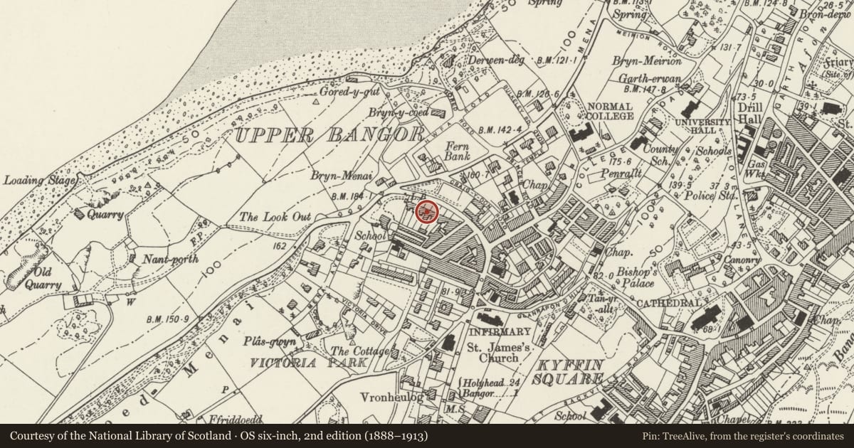 Ordnance Survey six-inch map, 2nd edition (1888–1913) covering the location of Menai View Terrace, Bangor, Gwynedd, with a pin at the register's coordinates