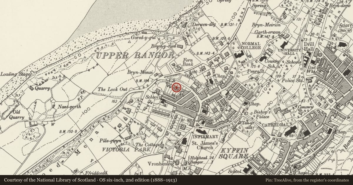 Ordnance Survey six-inch map, 2nd edition (1888–1913) covering the location of Menai View Terrace, Bangor, Gwynedd, with a pin at the register's coordinates