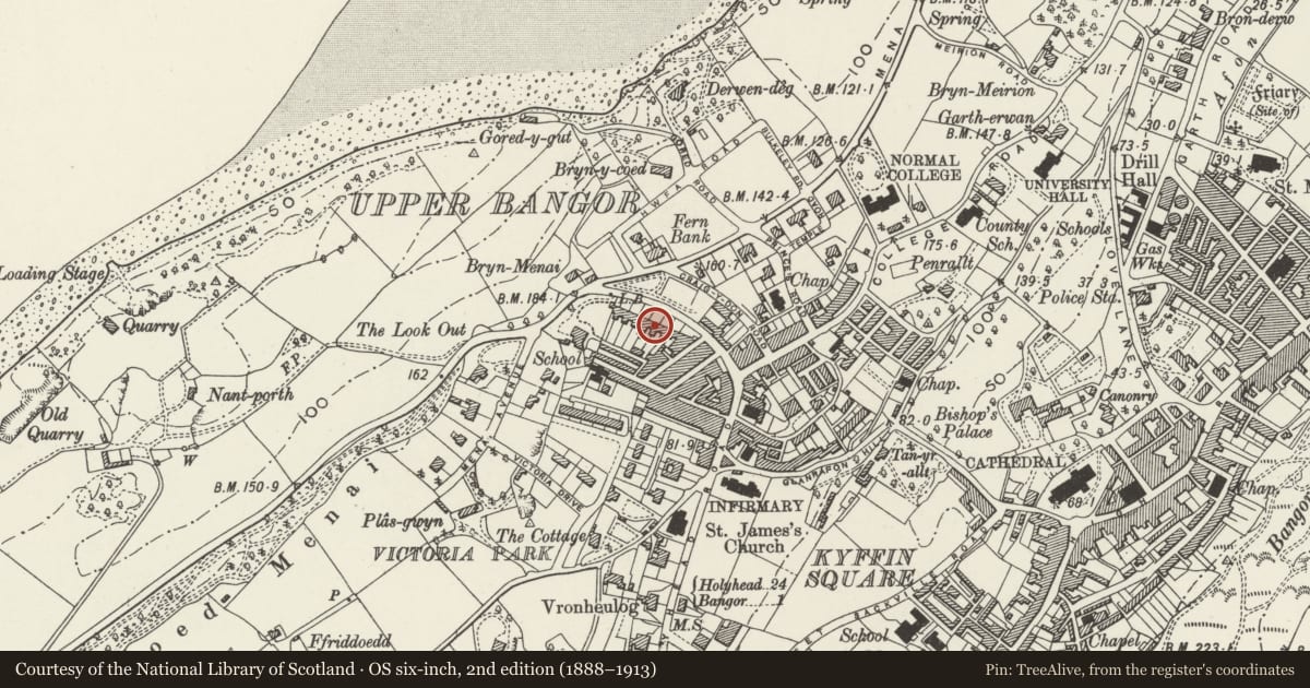 Ordnance Survey six-inch map, 2nd edition (1888–1913) covering the location of Menai View Terrace, Bangor, Gwynedd, with a pin at the register's coordinates