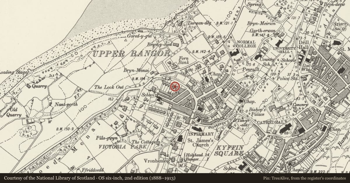 Ordnance Survey six-inch map, 2nd edition (1888–1913) covering the location of Menai View Terrace, Bangor, Gwynedd, with a pin at the register's coordinates