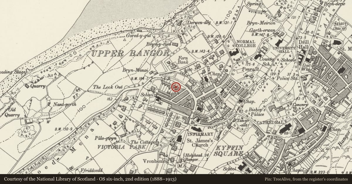 Ordnance Survey six-inch map, 2nd edition (1888–1913) covering the location of Menai View Terrace, Bangor, Gwynedd, with a pin at the register's coordinates