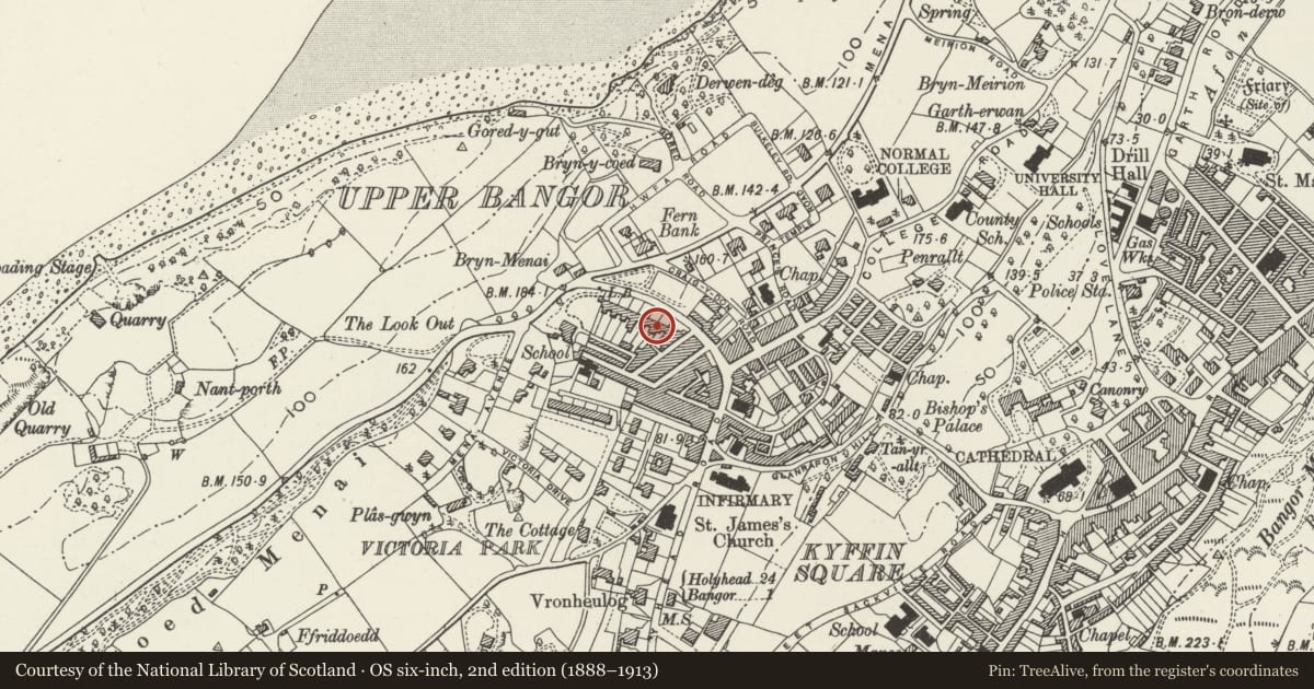 Ordnance Survey six-inch map, 2nd edition (1888–1913) covering the location of Menai View Terrace, Bangor, Gwynedd, with a pin at the register's coordinates