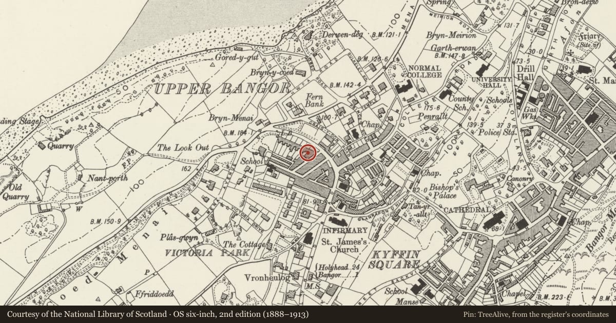 Ordnance Survey six-inch map, 2nd edition (1888–1913) covering the location of Menai View Terrace, Bangor, Gwynedd, with a pin at the register's coordinates