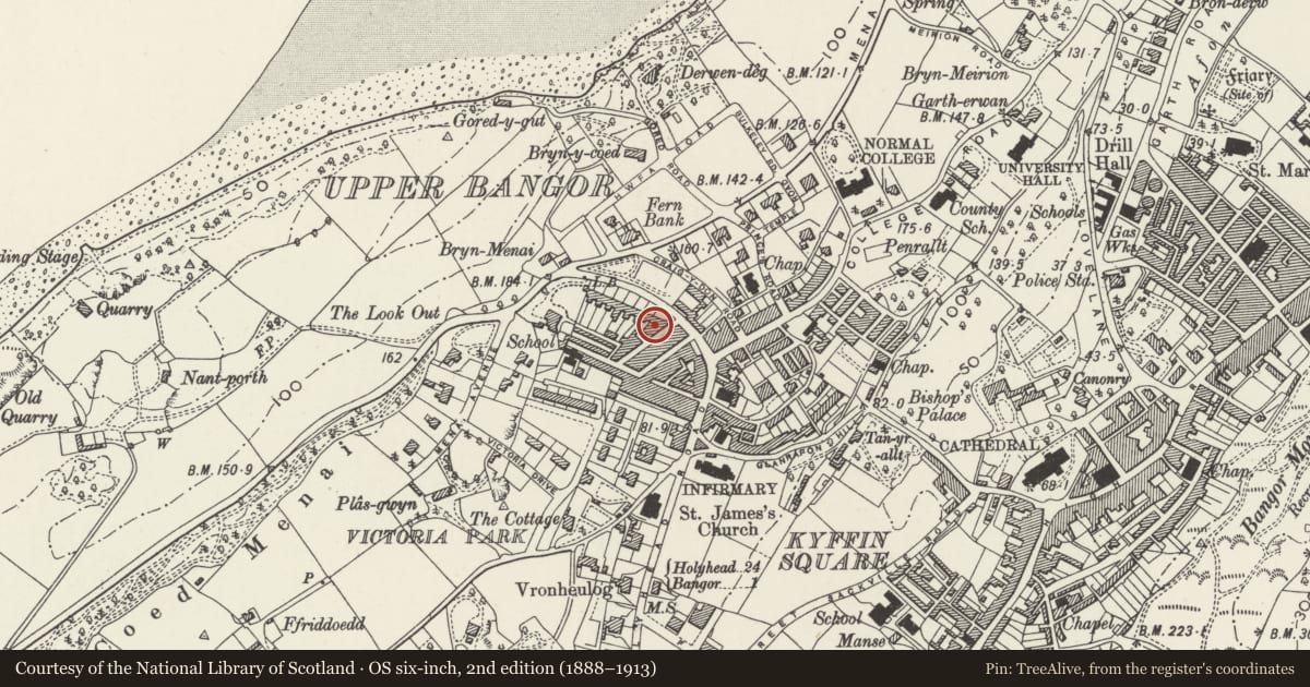 Ordnance Survey six-inch map, 2nd edition (1888–1913) covering the location of Menai View Terrace, Bangor, Gwynedd, with a pin at the register's coordinates