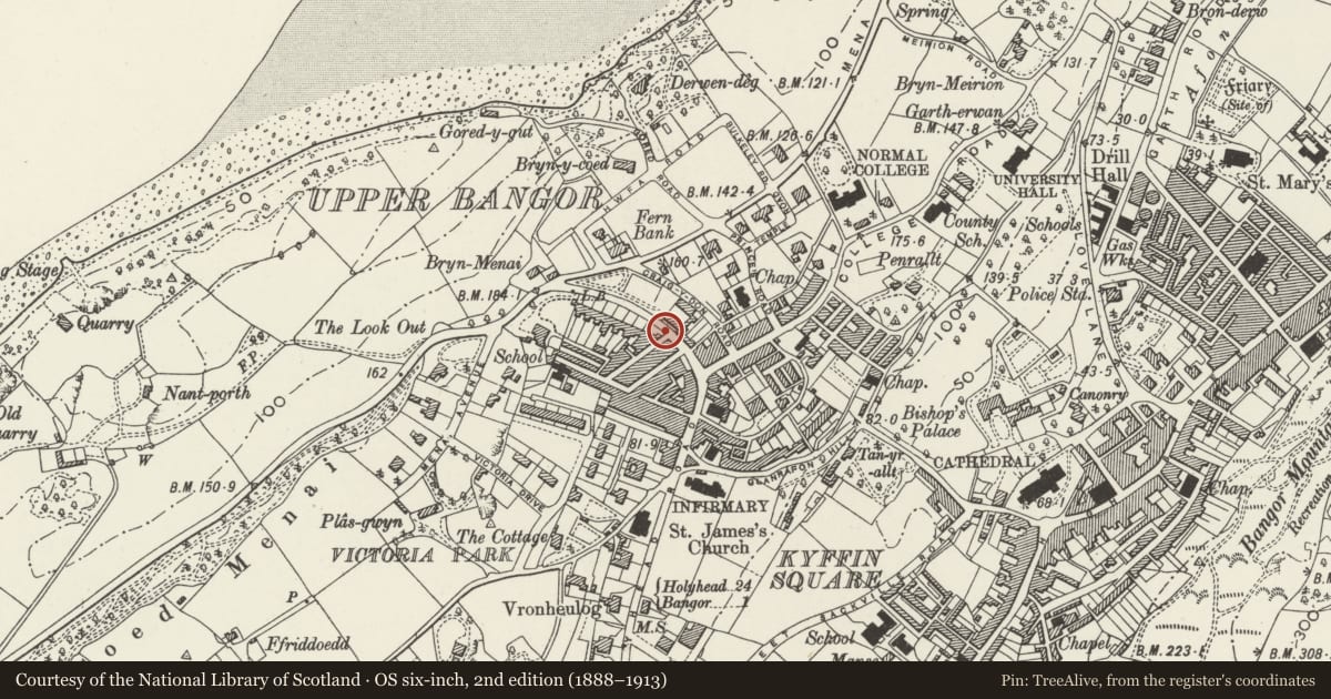 Ordnance Survey six-inch map, 2nd edition (1888–1913) covering the location of Forecourt Walls, Bangor, Gwynedd, with a pin at the register's coordinates