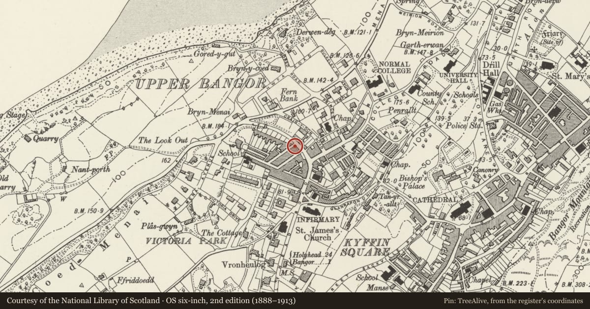 Ordnance Survey six-inch map, 2nd edition (1888–1913) covering the location of The Menai Vaults P.H., Bangor, Gwynedd, with a pin at the register's coordinates