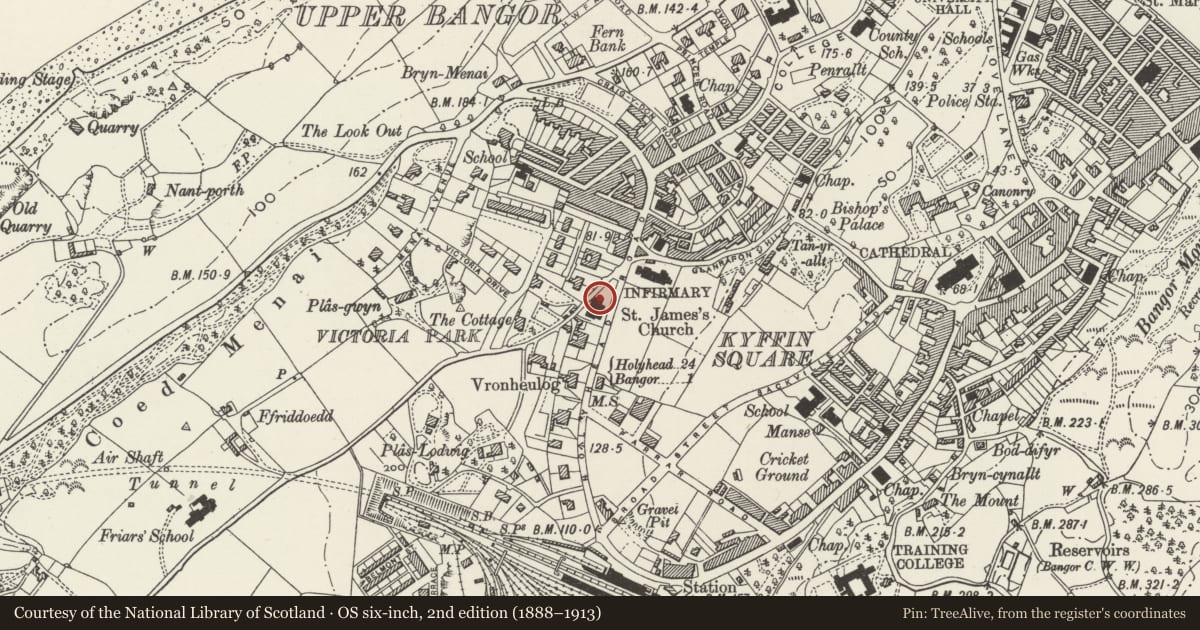 Ordnance Survey six-inch map, 2nd edition (1888–1913) covering the location of Catholic Church of Our Lady and St James, Bangor, Gwynedd, with a pin at the register's coordinates