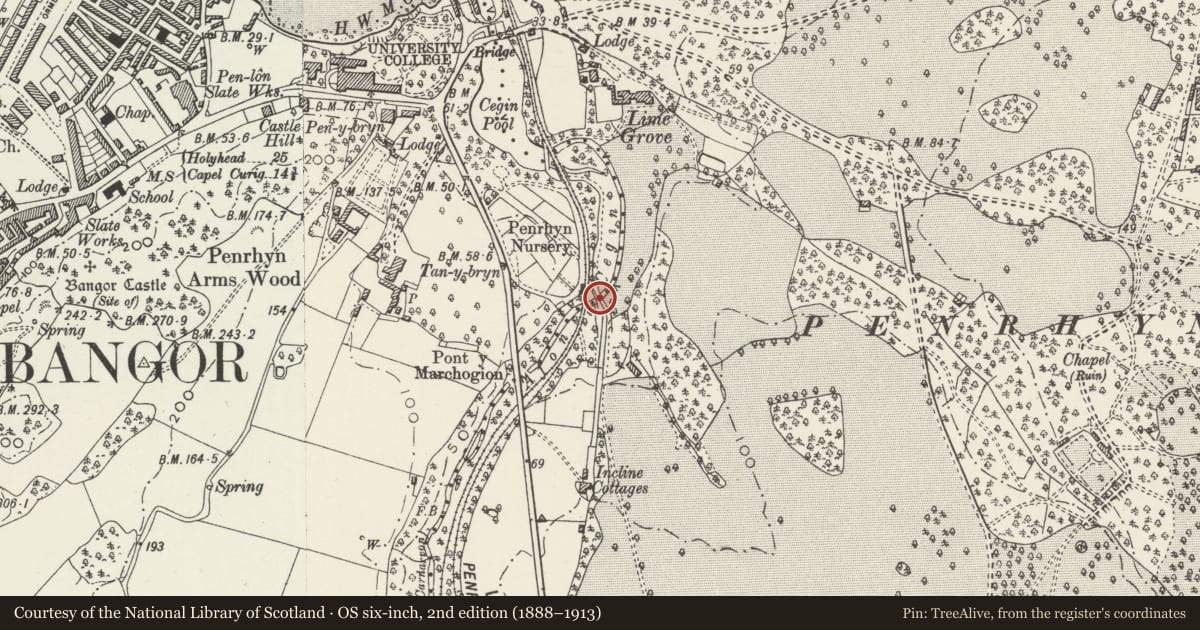 Ordnance Survey six-inch map, 2nd edition (1888–1913) covering the location of Pont Marchogian, Llandygai, Gwynedd, with a pin at the register's coordinates