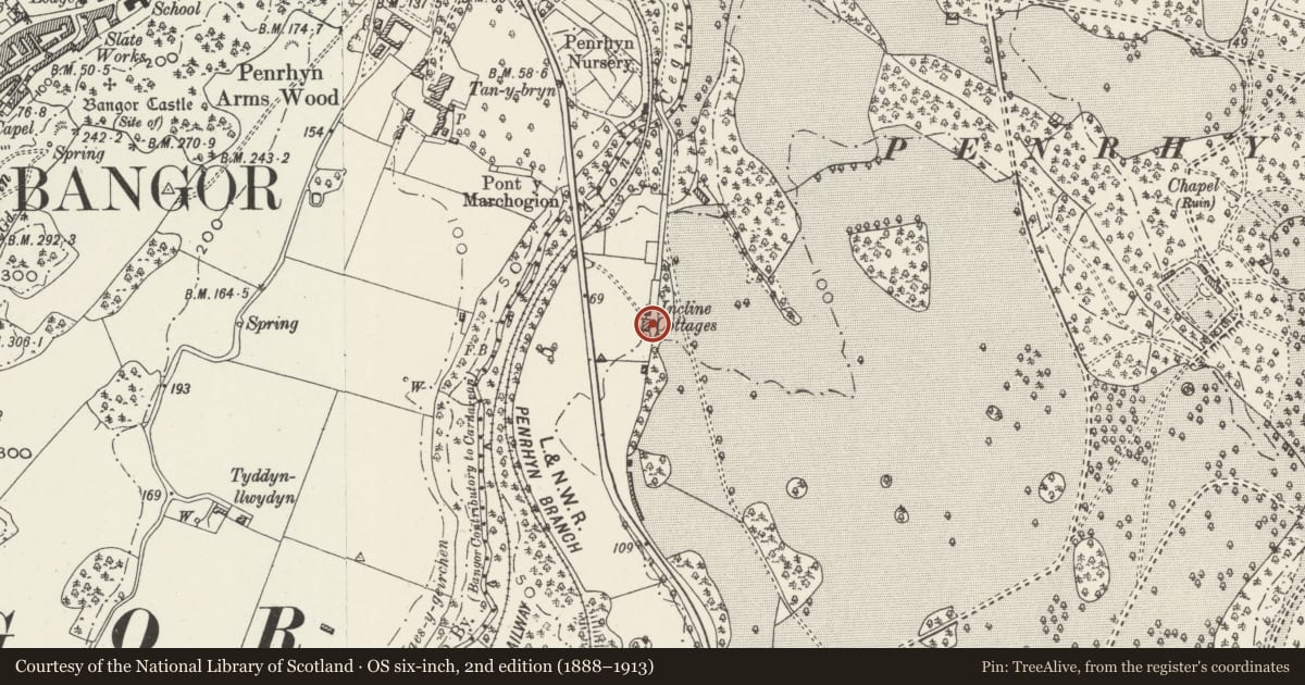 Ordnance Survey six-inch map, 2nd edition (1888–1913) covering the location of Incline Cottage, Bangor, Gwynedd, with a pin at the register's coordinates