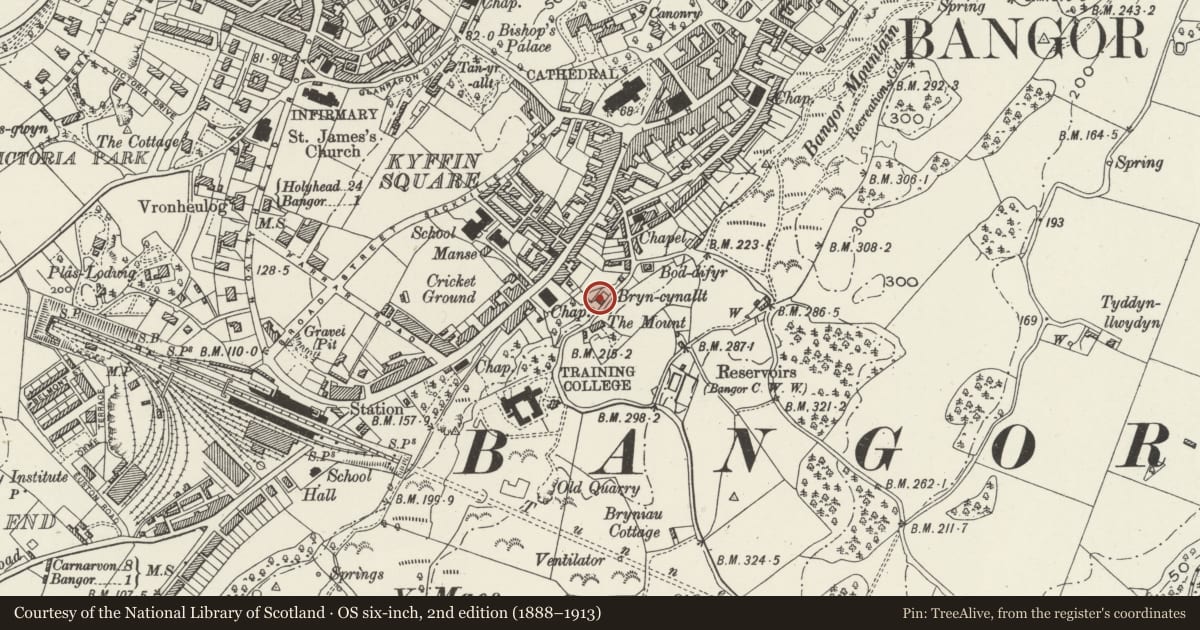 Ordnance Survey six-inch map, 2nd edition (1888–1913) covering the location of Brynynallt, Bangor, Gwynedd, with a pin at the register's coordinates