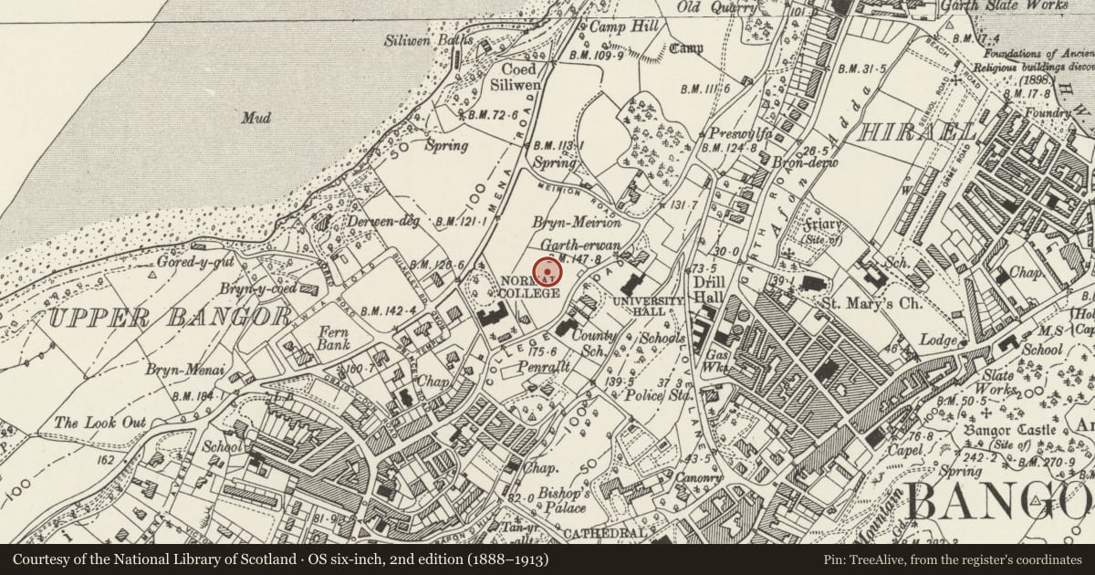 Ordnance Survey six-inch map, 2nd edition (1888–1913) covering the location of The Normal College (Original Building), Bangor, Gwynedd, with a pin at the register's coordinates