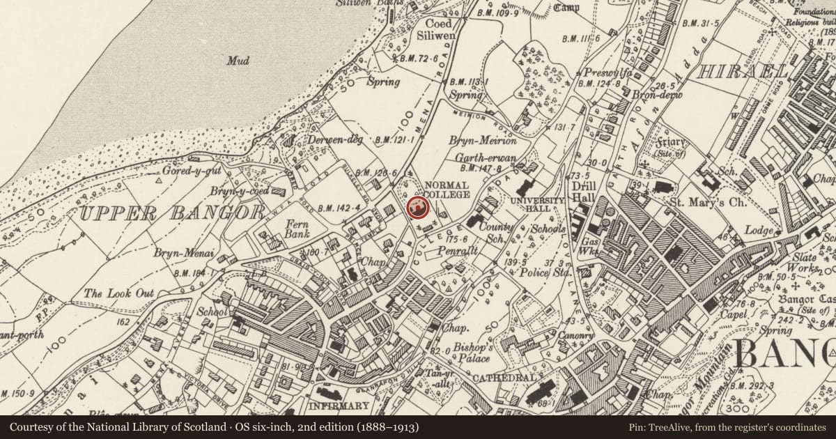 Ordnance Survey six-inch map, 2nd edition (1888–1913) covering the location of Gate Piers to grounds of Normal College Hostels, Bangor, Gwynedd, with a pin at the register's coordinates