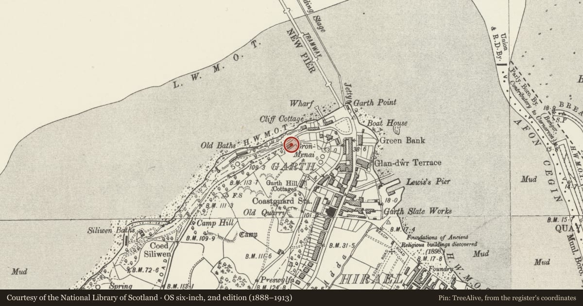 Ordnance Survey six-inch map, 2nd edition (1888–1913) covering the location of Bron Menai, Bangor, Gwynedd, with a pin at the register's coordinates