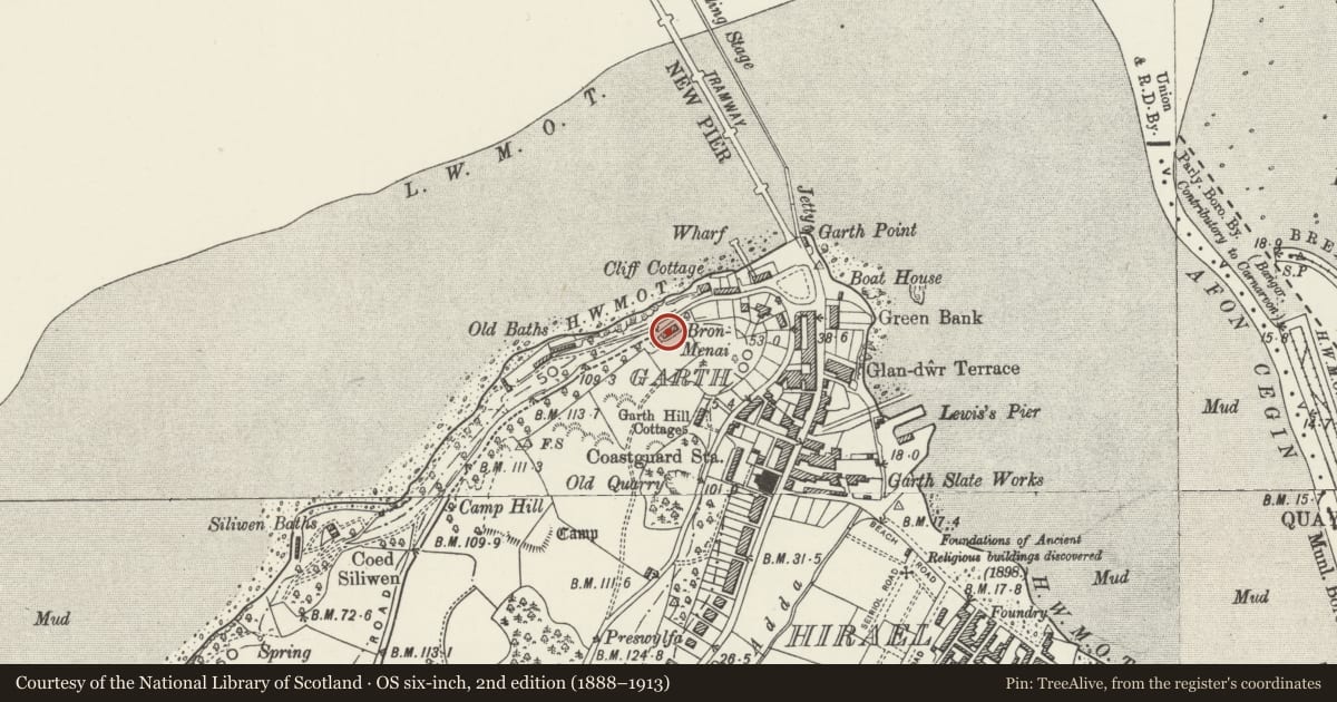 Ordnance Survey six-inch map, 2nd edition (1888–1913) covering the location of Bron Menai, Bangor, Gwynedd, with a pin at the register's coordinates