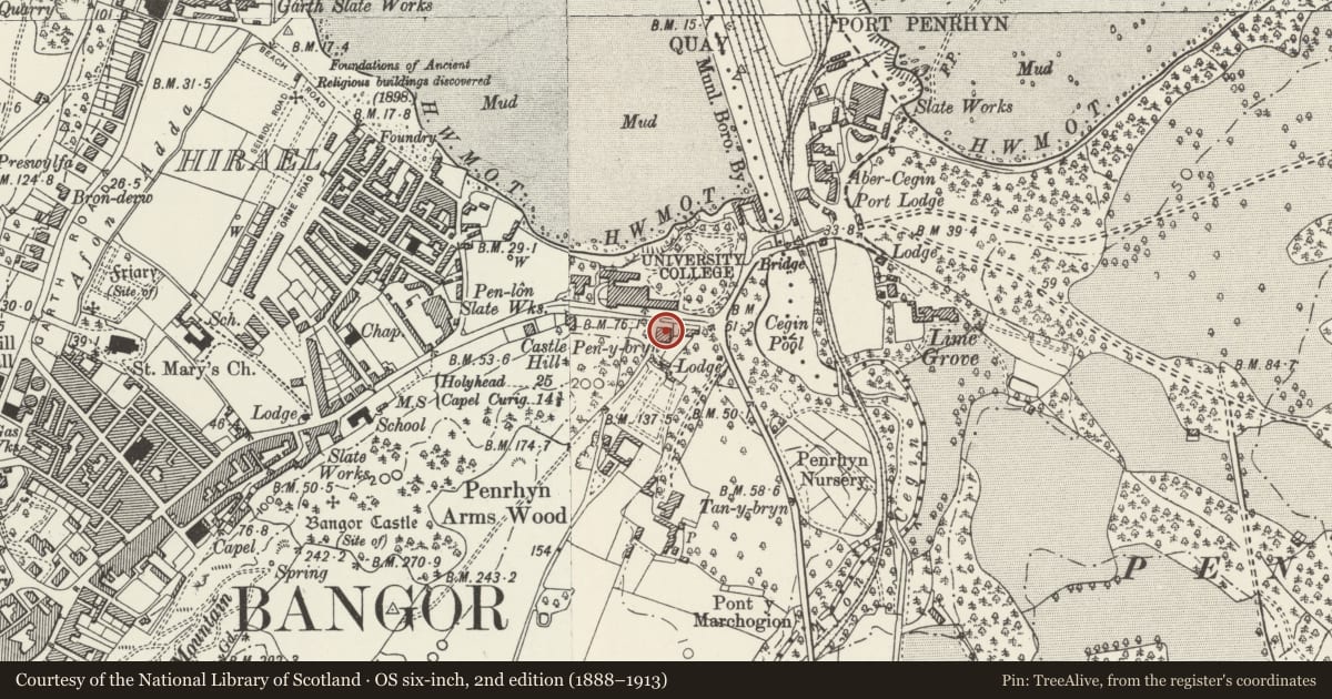 Ordnance Survey six-inch map, 2nd edition (1888–1913) covering the location of The Old Farmhouse, Bangor, Gwynedd, with a pin at the register's coordinates