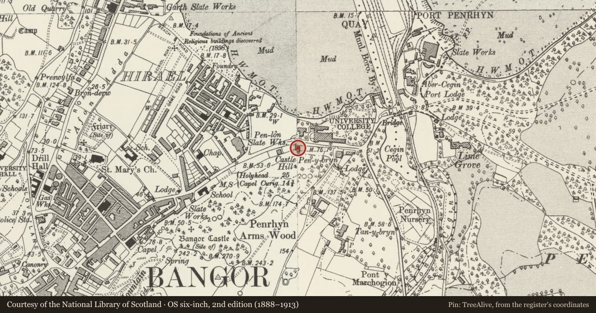 Ordnance Survey six-inch map, 2nd edition (1888–1913) covering the location of Tan-y-Coed, Bangor, Gwynedd, with a pin at the register's coordinates