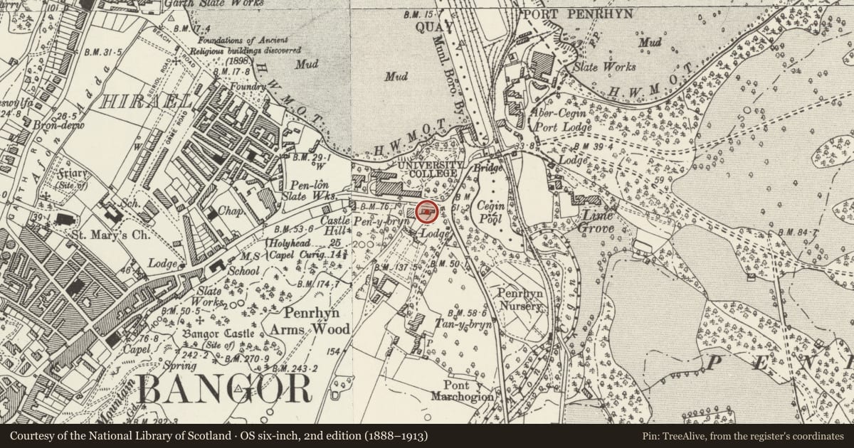 Ordnance Survey six-inch map, 2nd edition (1888–1913) covering the location of Penybryn House, Bangor, Gwynedd, with a pin at the register's coordinates
