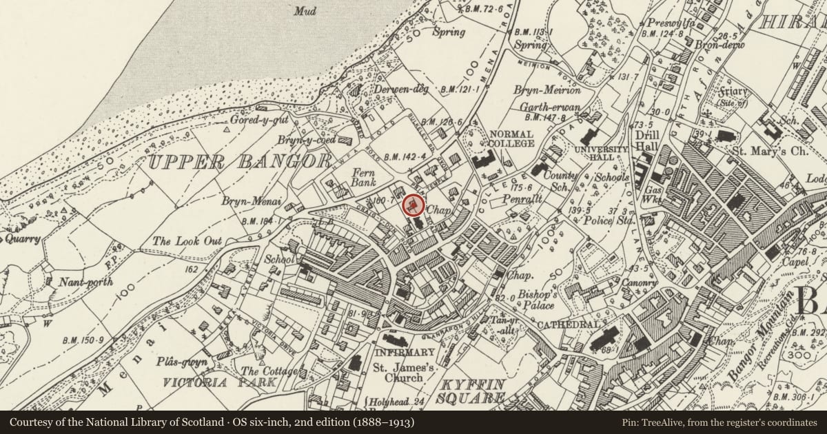 Ordnance Survey six-inch map, 2nd edition (1888–1913) covering the location of University Anglican Chaplaincy Centre, Bangor, Gwynedd, with a pin at the register's coordinates
