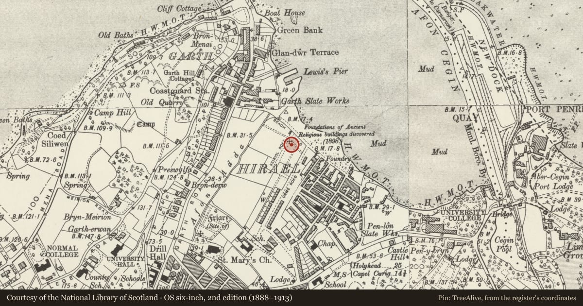 Ordnance Survey six-inch map, 2nd edition (1888–1913) covering the location of 1 Seiriol Road, Bangor, Gwynedd, with a pin at the register's coordinates