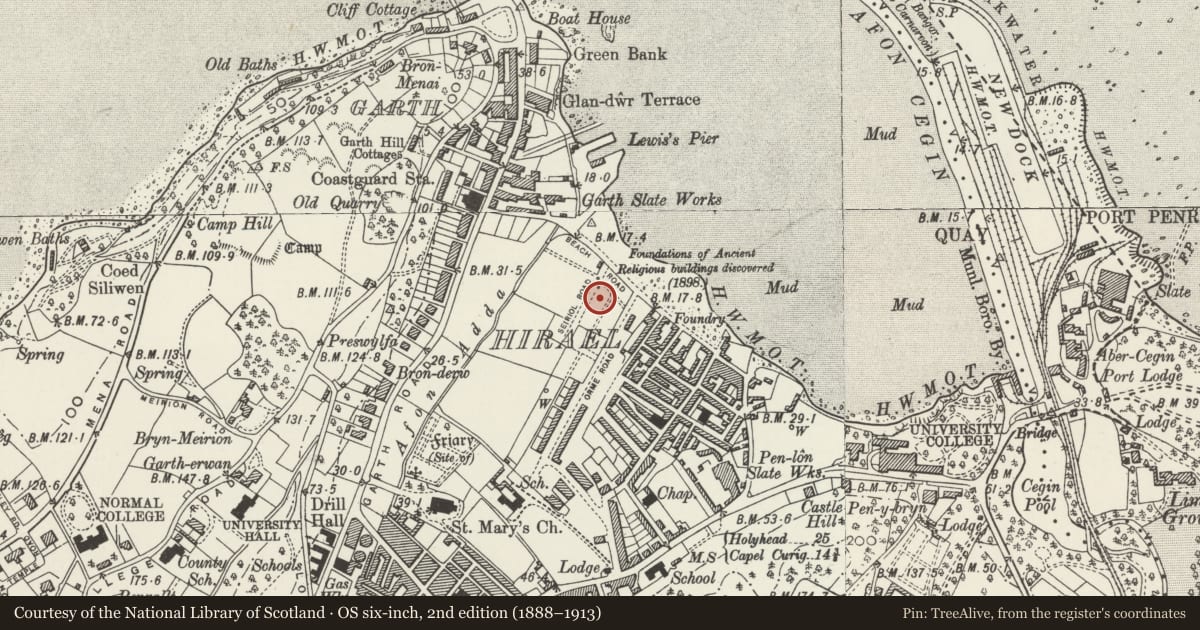 Ordnance Survey six-inch map, 2nd edition (1888–1913) covering the location of 5 Seiriol Road, Bangor, Gwynedd, with a pin at the register's coordinates