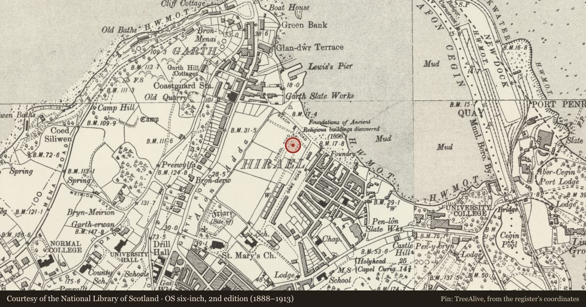 Ordnance Survey six-inch map, 2nd edition (1888–1913) covering the location of 7 Seiriol Road, Bangor, Gwynedd, with a pin at the register's coordinates