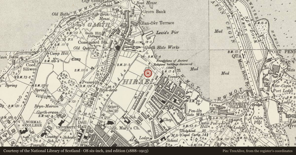 Ordnance Survey six-inch map, 2nd edition (1888–1913) covering the location of 9 Seiriol Road, Bangor, Gwynedd, with a pin at the register's coordinates
