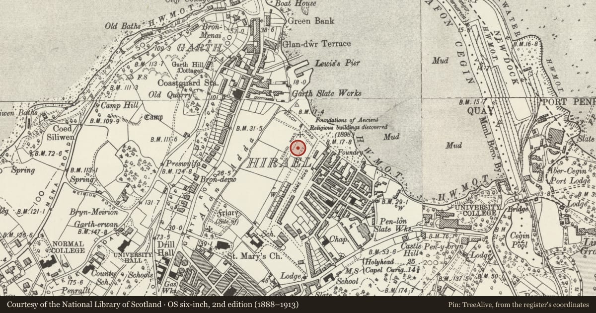 Ordnance Survey six-inch map, 2nd edition (1888–1913) covering the location of 11 Seiriol Road, Bangor, Gwynedd, with a pin at the register's coordinates