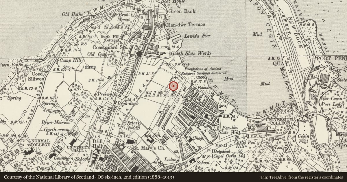 Ordnance Survey six-inch map, 2nd edition (1888–1913) covering the location of 13 Seiriol Road, Bangor, Gwynedd, with a pin at the register's coordinates