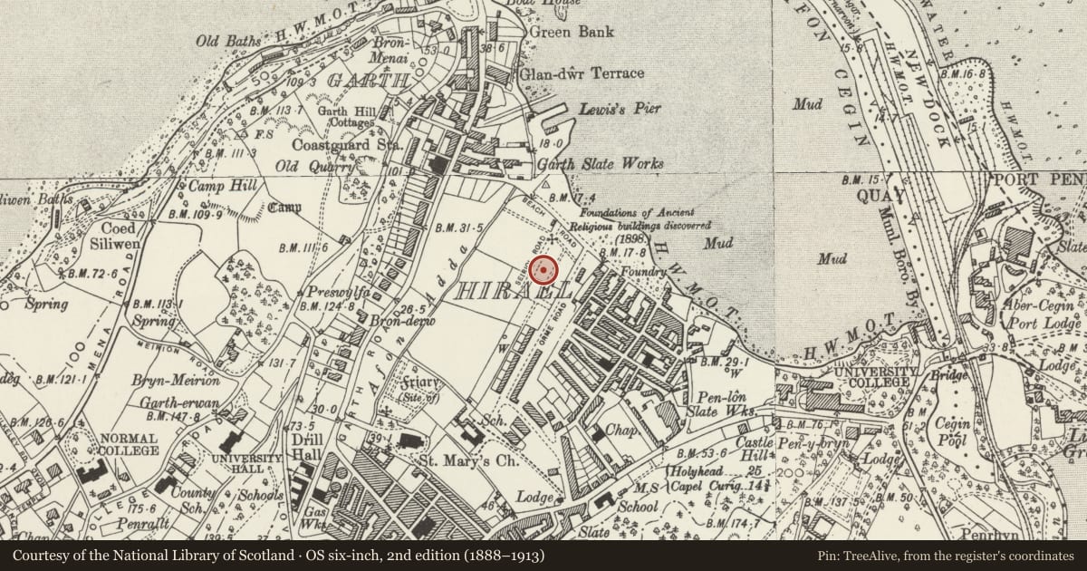 Ordnance Survey six-inch map, 2nd edition (1888–1913) covering the location of 15 Seiriol Road, Bangor, Gwynedd, with a pin at the register's coordinates