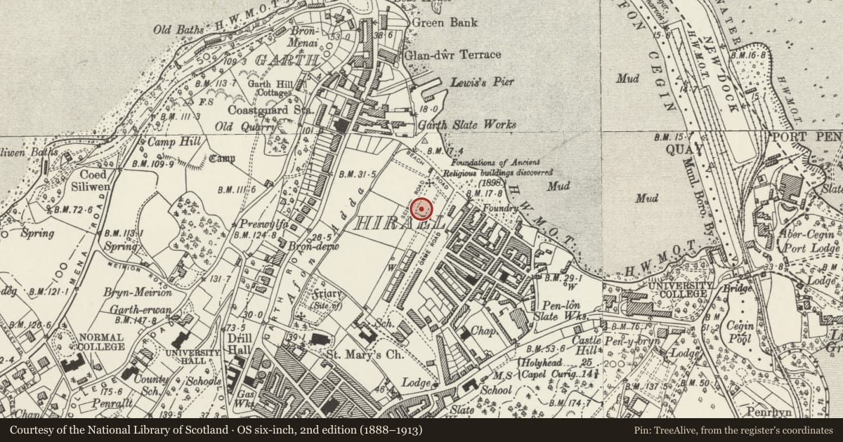 Ordnance Survey six-inch map, 2nd edition (1888–1913) covering the location of 17 Seiriol Road, Bangor, Gwynedd, with a pin at the register's coordinates