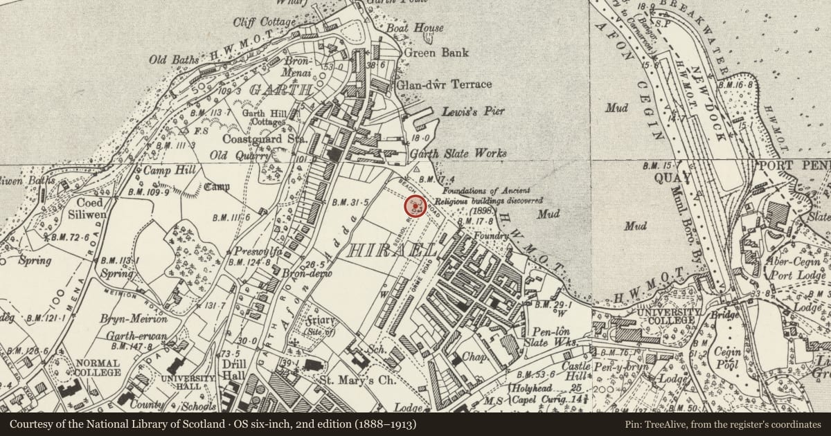 Ordnance Survey six-inch map, 2nd edition (1888–1913) covering the location of 2 Seiriol Road, Bangor, Gwynedd, with a pin at the register's coordinates