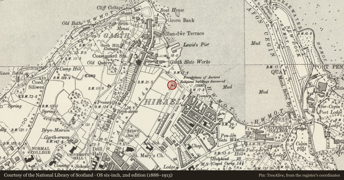 Ordnance Survey six-inch map, 2nd edition (1888–1913) covering the location of 4 Seiriol Raof, Bangor, Gwynedd, with a pin at the register's coordinates