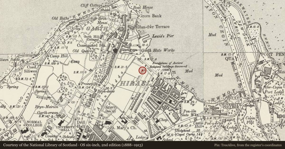 Ordnance Survey six-inch map, 2nd edition (1888–1913) covering the location of 6 Seiriol Road, Bangor, Gwynedd, with a pin at the register's coordinates