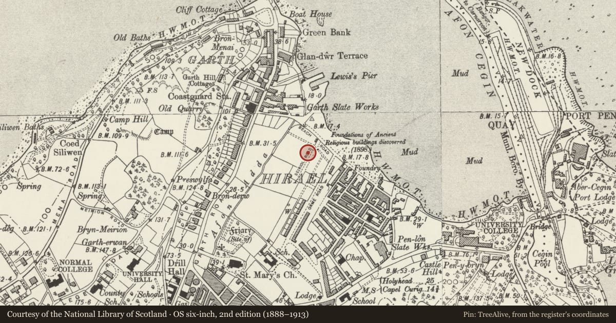 Ordnance Survey six-inch map, 2nd edition (1888–1913) covering the location of 8 Seiriol Road, Bangor, Gwynedd, with a pin at the register's coordinates