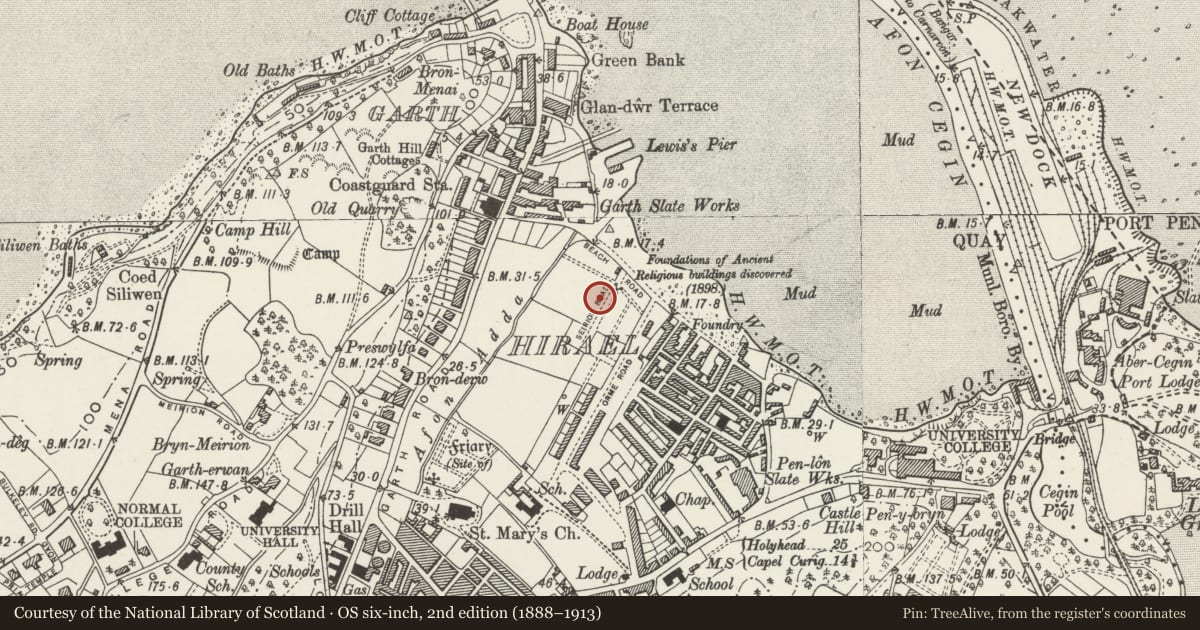 Ordnance Survey six-inch map, 2nd edition (1888–1913) covering the location of 10 Seiriol Road, Bangor, Gwynedd, with a pin at the register's coordinates