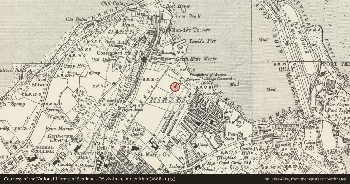 Ordnance Survey six-inch map, 2nd edition (1888–1913) covering the location of 12 Seiriol Road, Bangor, Gwynedd, with a pin at the register's coordinates