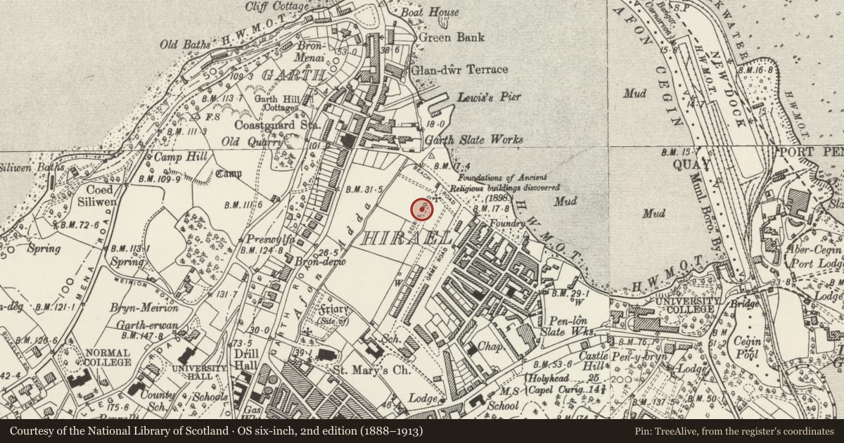 Ordnance Survey six-inch map, 2nd edition (1888–1913) covering the location of 14 Seiriol Road, Bangor, Gwynedd, with a pin at the register's coordinates