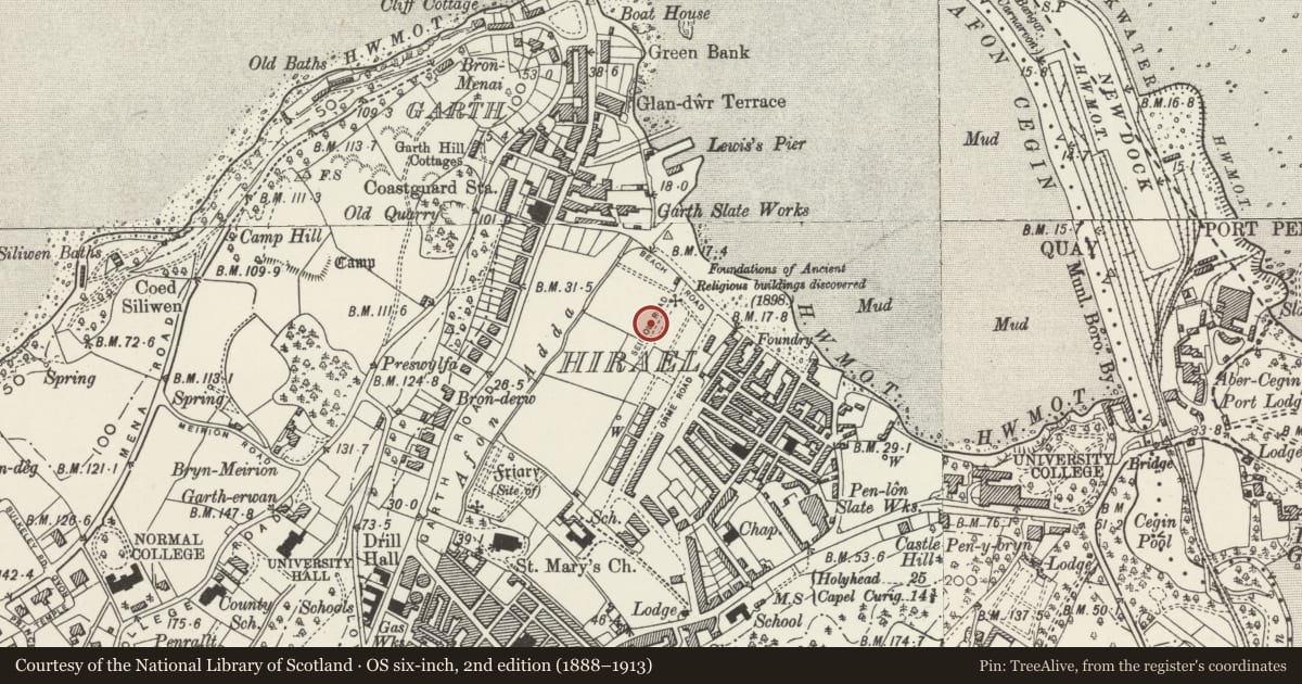 Ordnance Survey six-inch map, 2nd edition (1888–1913) covering the location of 16 Seiriol Road, Bangor, Gwynedd, with a pin at the register's coordinates