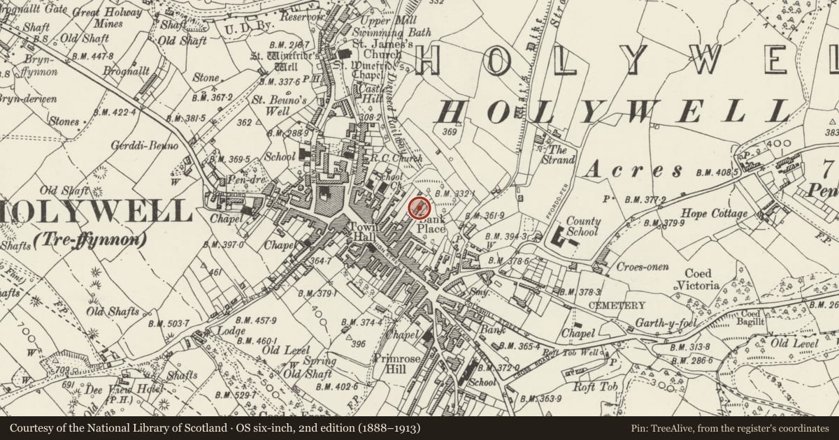 Ordnance Survey six-inch map, 2nd edition (1888–1913) covering the location of Crystal Designs, Holywell, Flintshire, with a pin at the register's coordinates