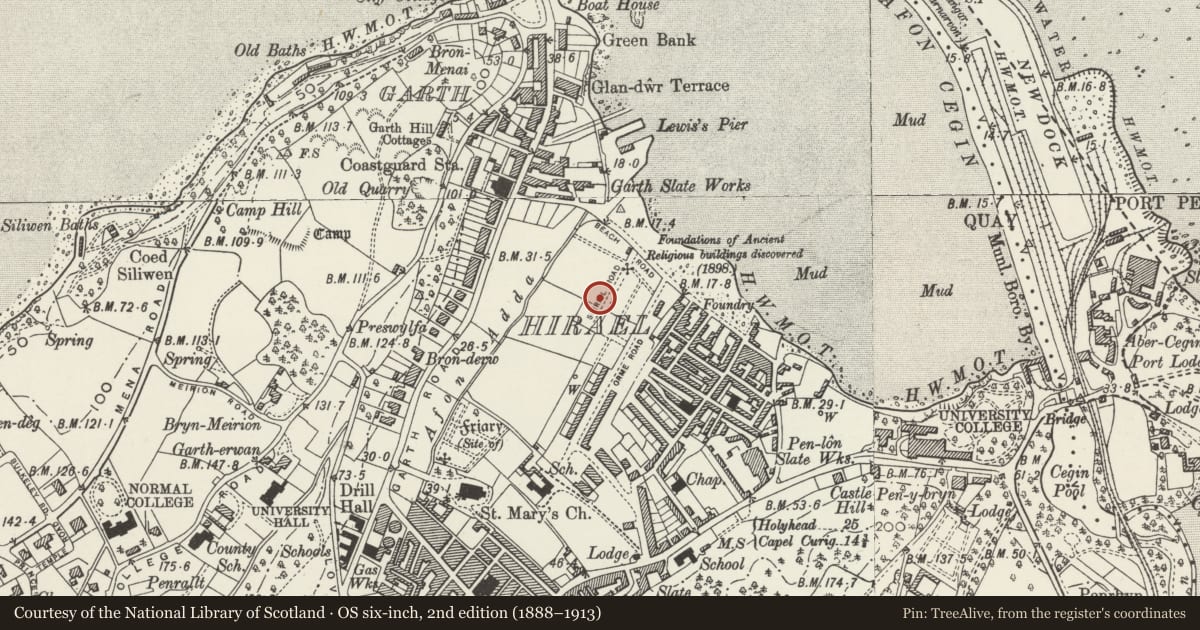 Ordnance Survey six-inch map, 2nd edition (1888–1913) covering the location of 20 Seiriol Road, Bangor, Gwynedd, with a pin at the register's coordinates