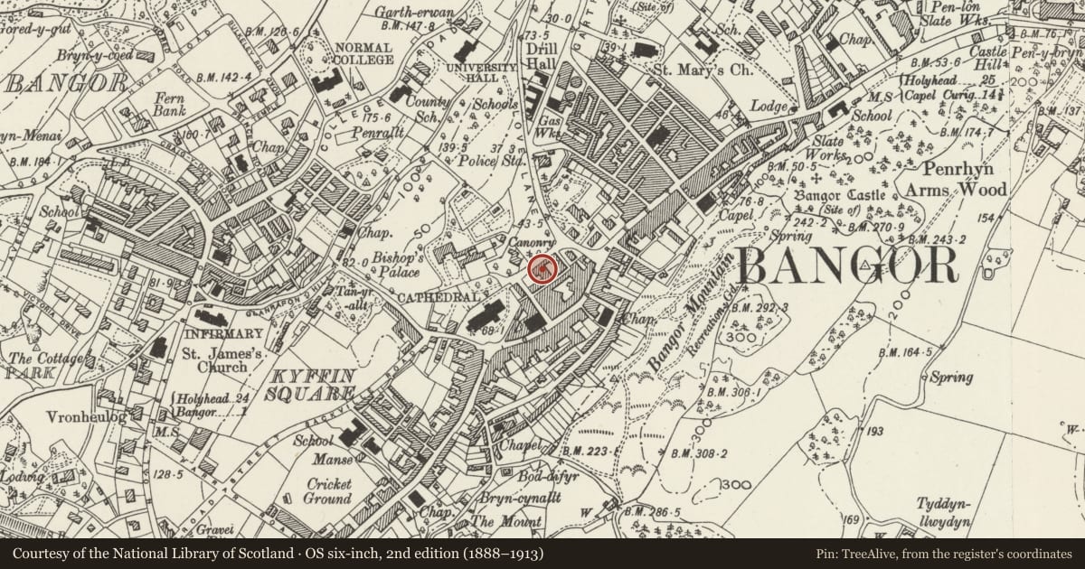 Ordnance Survey six-inch map, 2nd edition (1888–1913) covering the location of Penrhyn Hall, Bangor, Gwynedd, with a pin at the register's coordinates