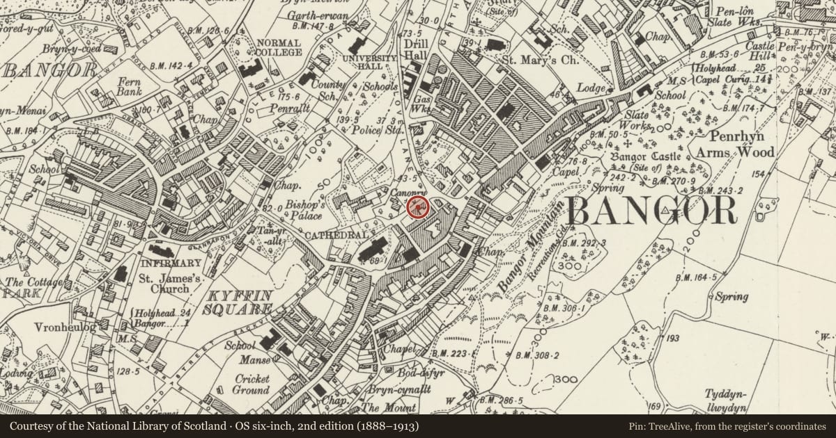 Ordnance Survey six-inch map, 2nd edition (1888–1913) covering the location of Barnardo's, Bangor, Gwynedd, with a pin at the register's coordinates
