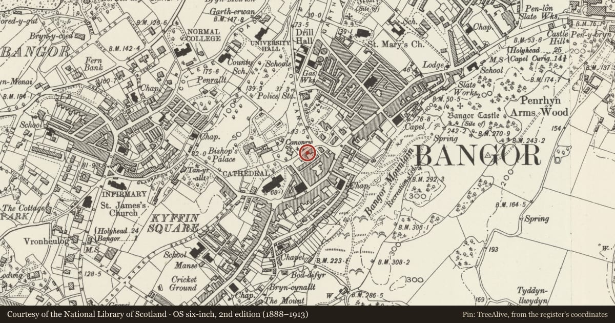 Ordnance Survey six-inch map, 2nd edition (1888–1913) covering the location of Gledhill's, Bangor, Gwynedd, with a pin at the register's coordinates
